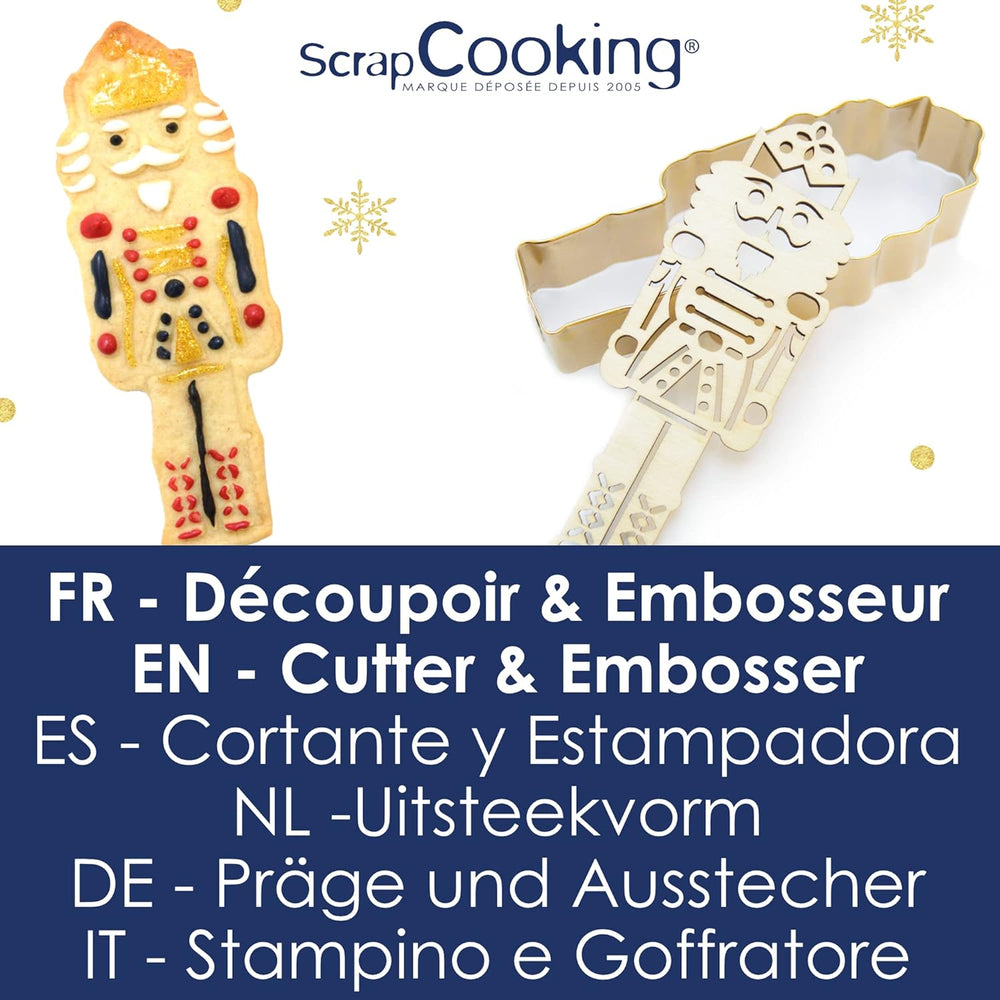ScrapCooking - Set Forme de Biscuiți + Mașină de Gofrare Spargător de Nuci din Lemn – Formă de Biscuiți de Crăciun din Oțel Inoxidabil pentru Biscuiți în Relief – Accesoriu Formă de Coacere Sablată – Culoare Aurie – 2097
