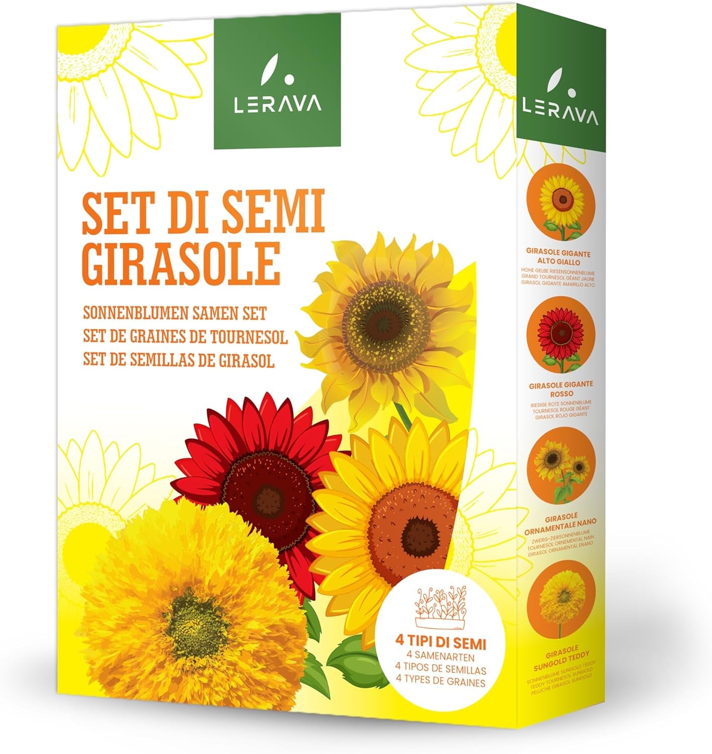 LERAVA® Sonnenblumen Samen Set (4 druhy) - Riesige gelbe & rote Sonnenblume - Zwerg und Sungold Teddy - Premium Sonnenblumensamen für Garten und Balkon - Blumensamen Geschenk für Hobbygärtner