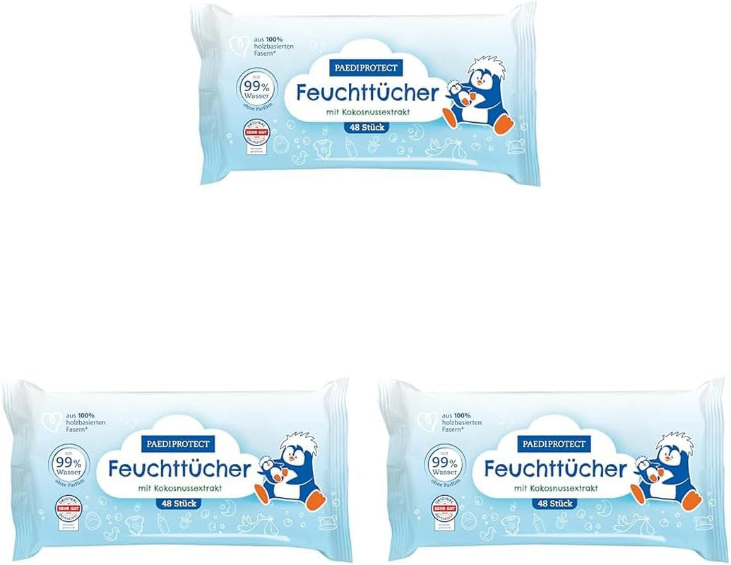 PAEDIPROTECT Baby vlhčené ubrousky 1 x 10 ks Sensitive dětské vlhčené ubrousky 99% vody bez parfemace pro miminka a děti Jemná pokožka Kokosový extrakt bez mikroplastů Vegan (5 balení)