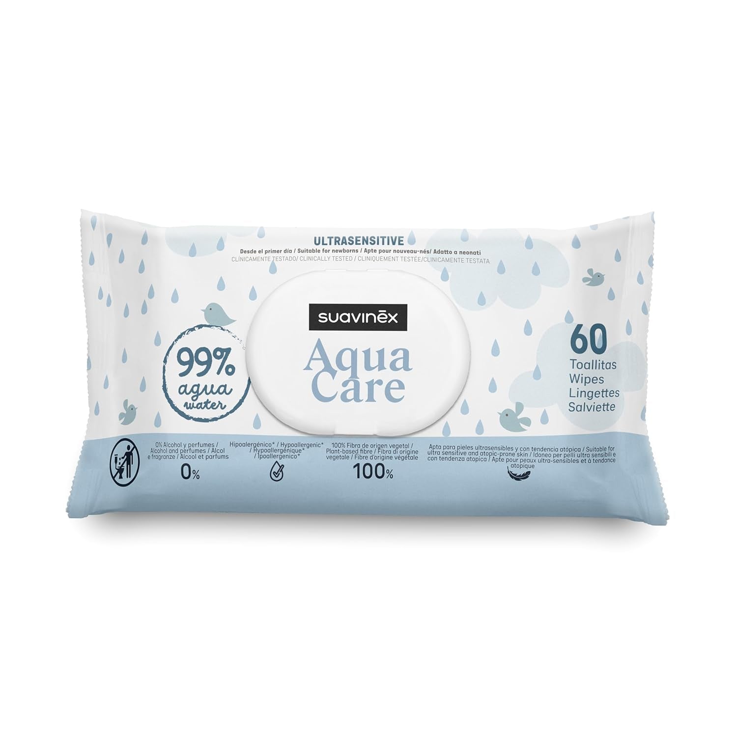 Suavinex Aqua Care Baby vlhčené ubrousky Čistící ubrousky pro 60 kusů 99% voda Rostlinná vláknina Aloe Vera Bez vůně Bez alkoholu Dermatologicky testováno Vhodné pro citlivou pokožku