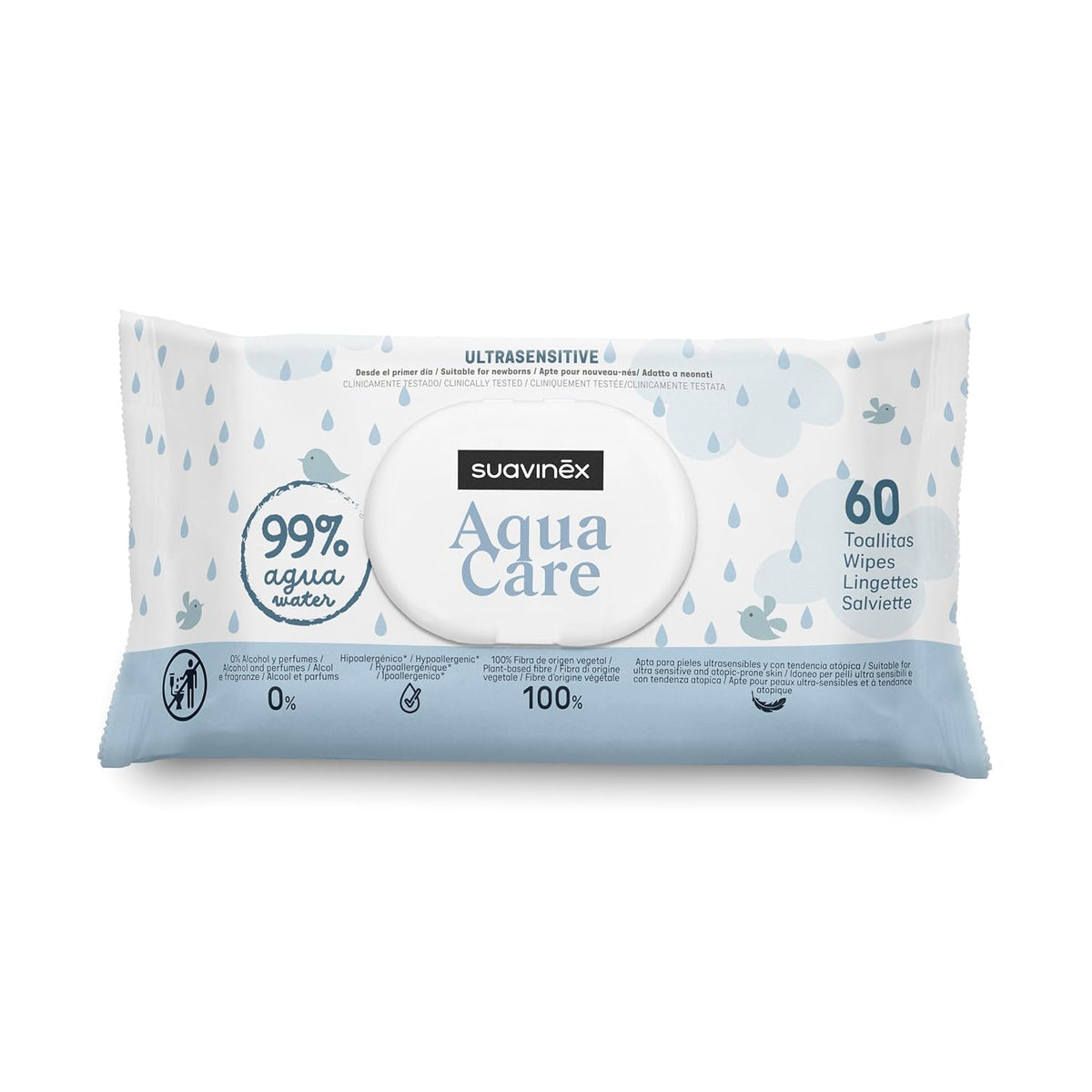 Suavinex Aqua Care Baby vlhčené ubrousky Čistící ubrousky pro 60 kusů 99% voda Rostlinná vláknina Aloe Vera Bez vůně Bez alkoholu Dermatologicky testováno Vhodné pro citlivou pokožku