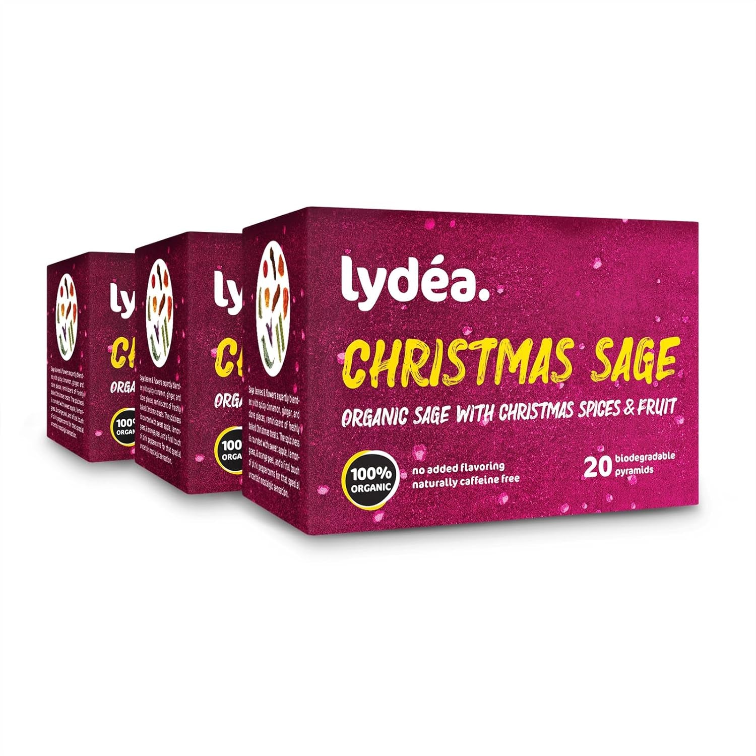 Lydea Bio-Salvie – Ceai de plante aromatice minunat, cu condimente și fructe întregi, fără cofeină, 60 piramide, pachet de 3 [3 x 20 piramide]