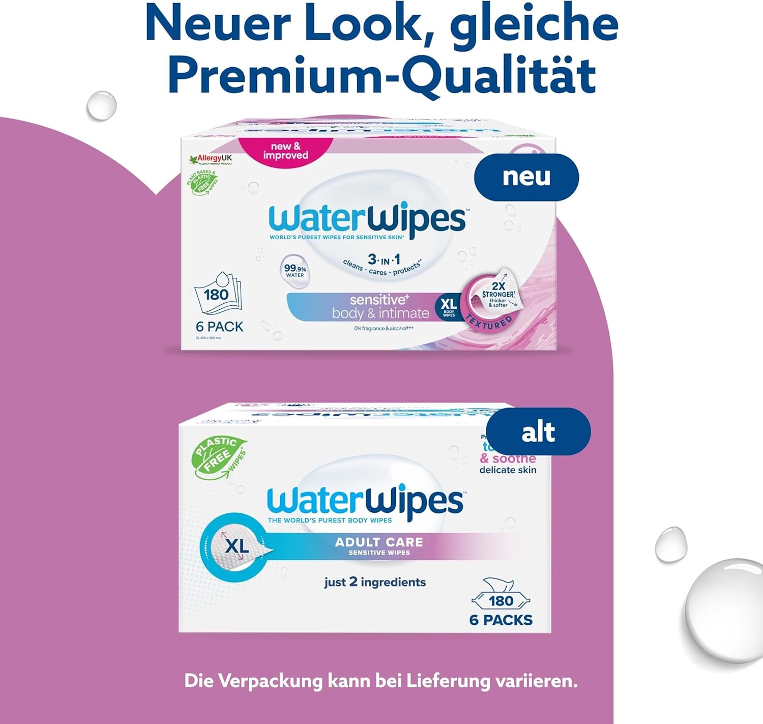 Waterwipes Adult Care Body & Intimate Hygiene Wipes, 180 șervețele (6 pachete), 99,9% apă, 3-In-1 Curăță, Hrănește, Protejează, Neparfumate, Ambalajul poate varia