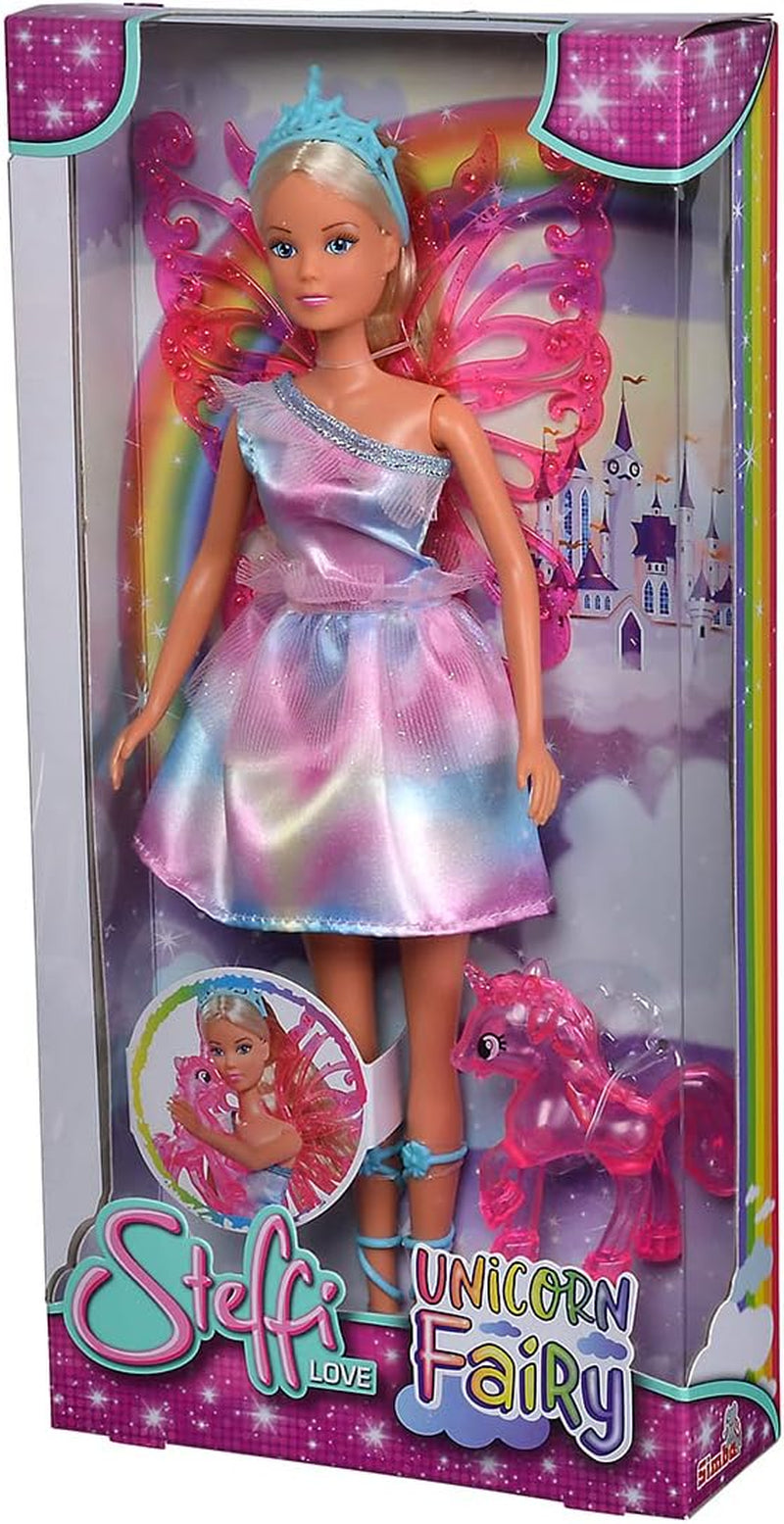 Simba 105733587 - Steffi Love Unicorn Fairy, Ankleidepuppe als Fee with abnehmbaren Flügeln, with Einhorn, 29cm Puppe trägt EIN Bezauberndes Pastell Glitzerkleid, ab 3 Jahren