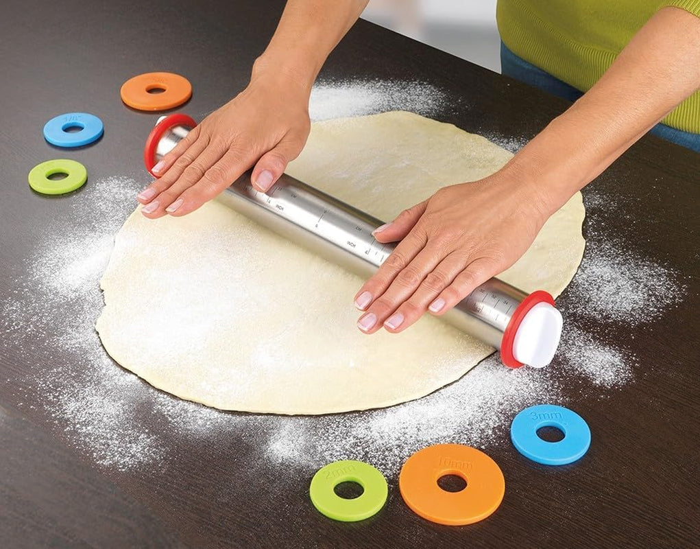 Maximex Teigrolle mit Abstandhalter EDELSTAHL - Edelstahl-Ausroller mit aufsteckbaren Abstandsscheiben, Edelstahl rostfrei, 4,5-6,5 x 43 x 4,5-6,5 cm, Stříbrný mat