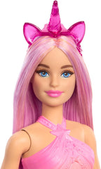 Păpuși Barbie Unicorn cu păr fantezie colorat, ținute cu gradient de culoare și accesorii fantezie în jurul temei unicorn, HRR13 Papusi Naty Shop