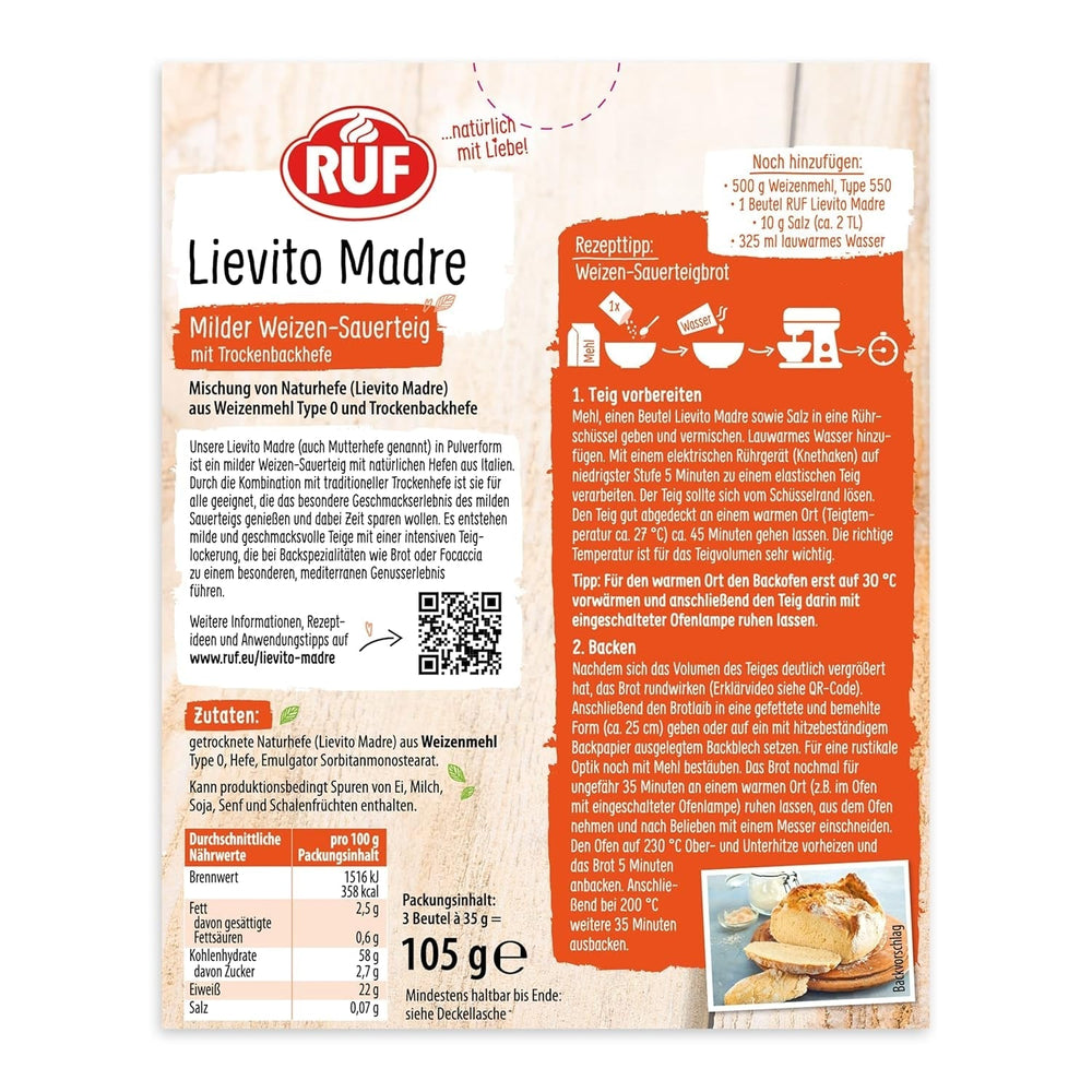 RUF Lievito Madre Sauerteig, Milder Weizen-Sauerteig, Mutterteig, Kurze Teigruhe Durch Enthaltene Trockenhefe, Lievito Madre Getrocknet Für Brot, Bageta, Focaccia, 3X35G Směs na pečení a vaření Naty Shop