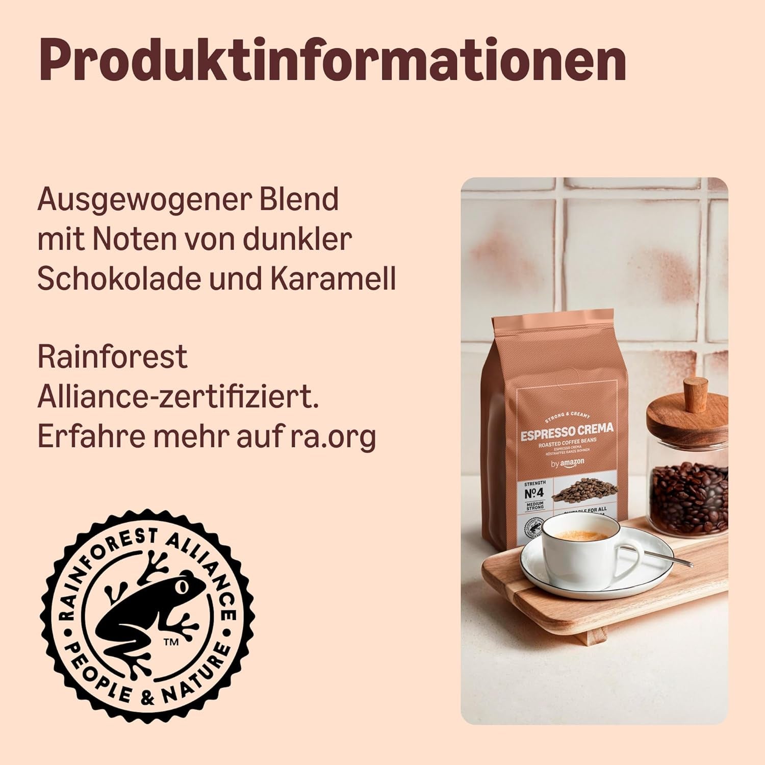 by Amazon Espresso Crema Röstkaffee Ganze Bohnen, 1kg (2 Packs of 500g), Rainforest Alliance-Zertifizierung