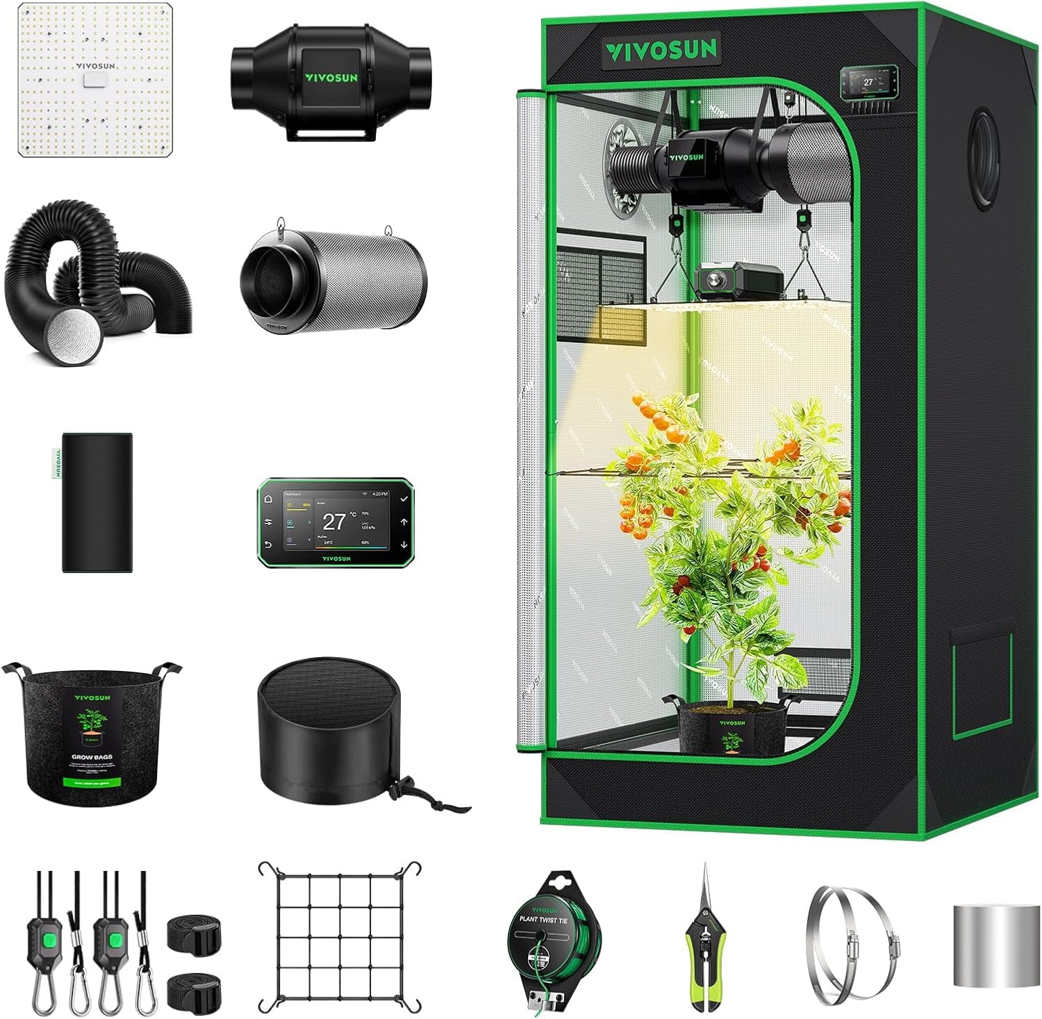 VIVOSUN Smart Grow Tent Full Set 60x60x120cm, integrovaný WiFi automatický pěstební systém se 100W celospektrálním LED světlem a účinným ventilačním systémem s ovladačem GrowHub E42A+