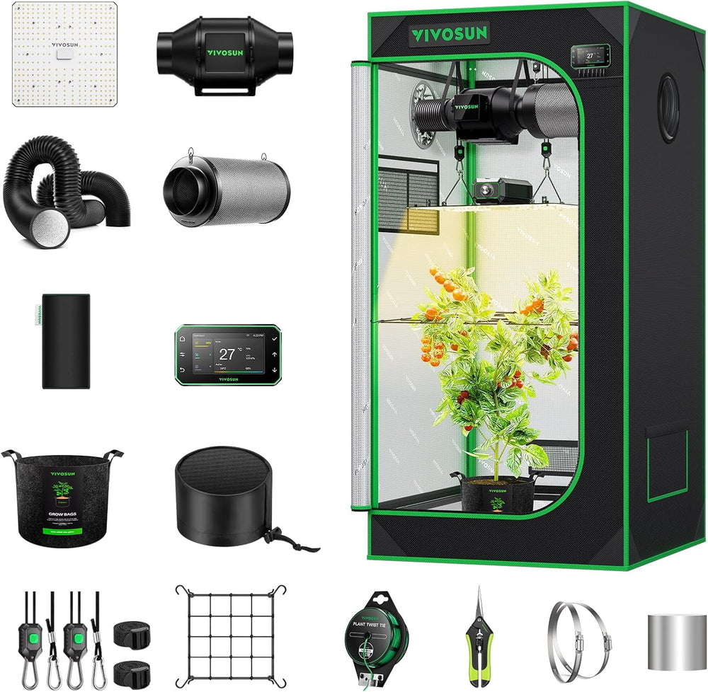 VIVOSUN Smart Grow Tent Full Set 60x60x120cm, integrovaný WiFi automatický pěstební systém se 100W celospektrálním LED světlem a účinným ventilačním systémem s ovladačem GrowHub E42A+