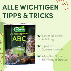 [Původní sada pro začátečníky s klíčicí sklenicí + síto na řeřichu | 1000ml s vysoce kvalitním nerezovým síťovým víkem, stojanem, keramickým podnosem + ABC pro klíčení [tištěná verze] tác na sazenice s klíčicí sklenicí