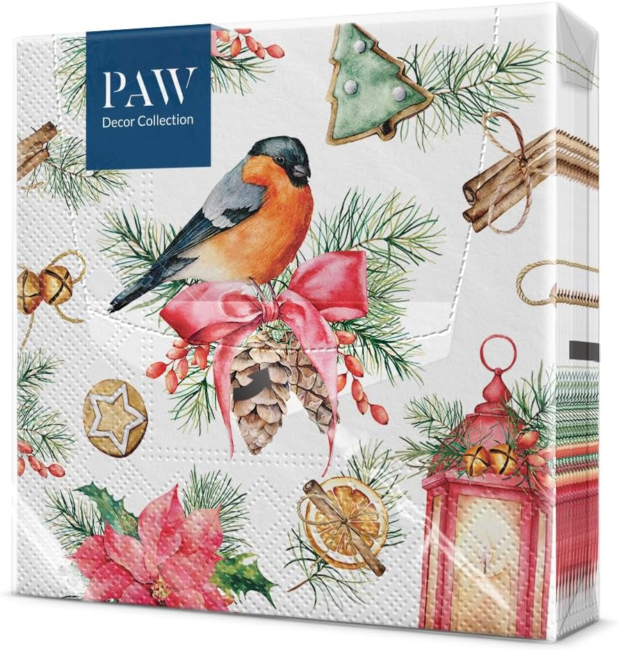 PAW - Șervețele 3 straturi (33 X 33 Cm) I 20 bucăți I Șervețele de hârtie colorate perfecte pentru masa de Crăciun I Șervețele - Crăciun, iarnă, ciulin, lampă I Bullfinch cu lampion