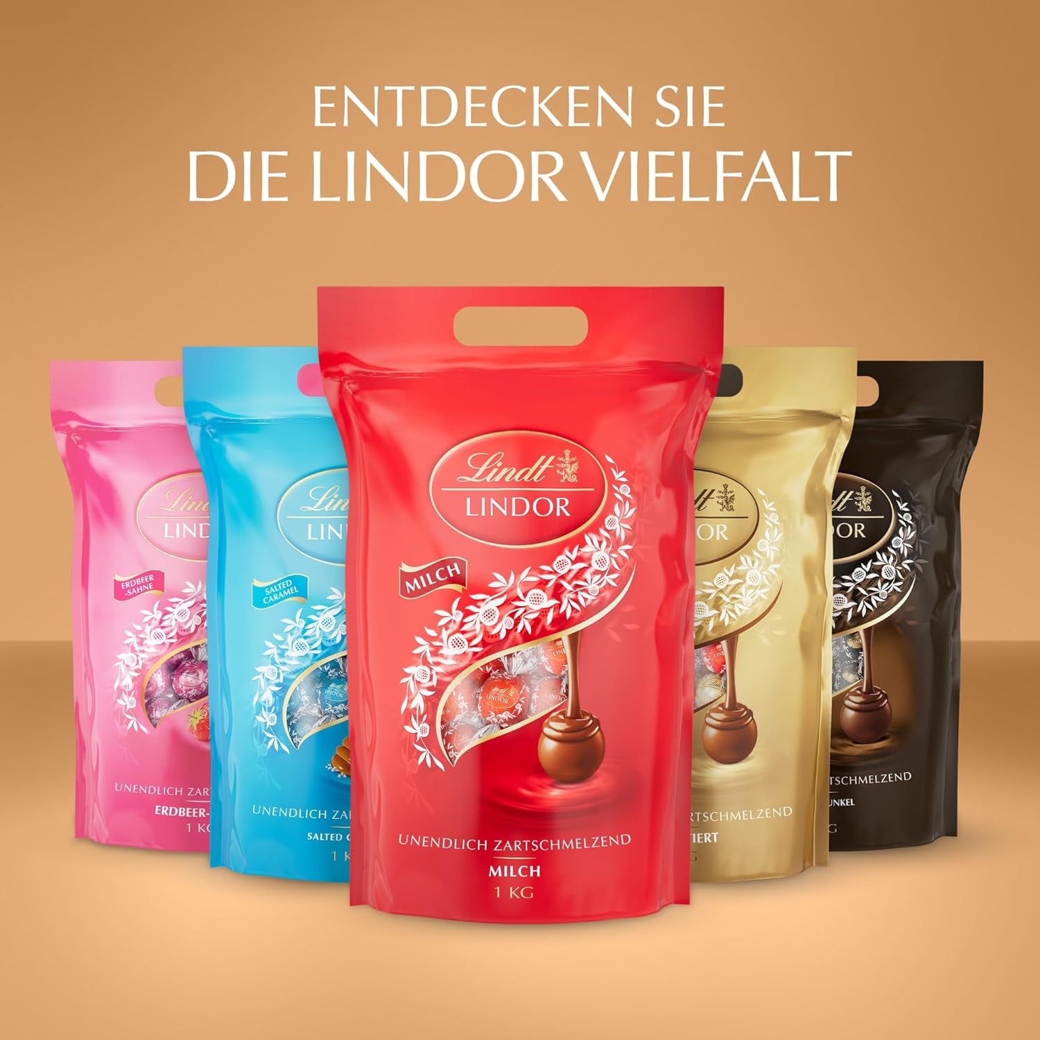 Klasický sortiment čokoládových kuliček Lindt LINDOR | cca. 80 kuliček čokolády (mléčná, bílá, hořká 60%, oříšková) | Velké balení, 1 kg