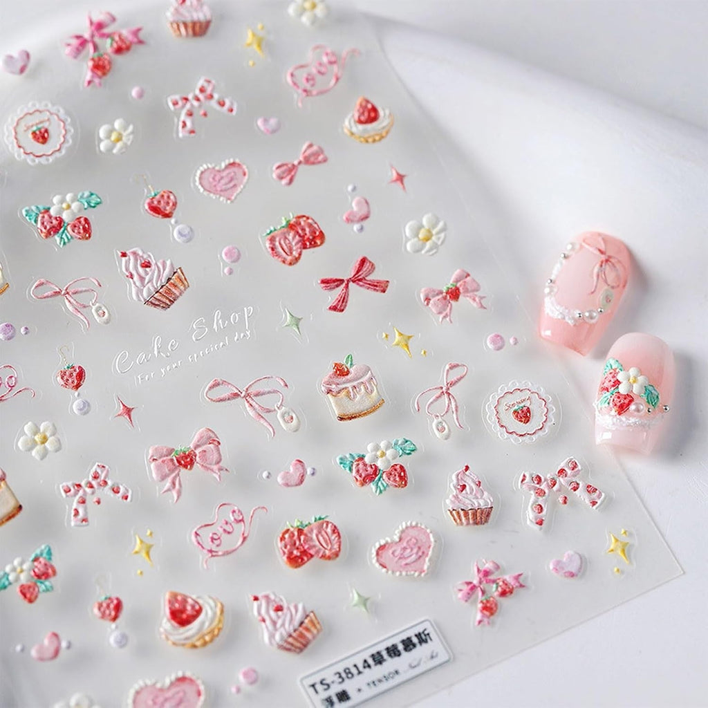 JMEOWIO 3D Nagelsticker Rosa Nail Art Sticker Selbstklebend Nagelaufkleber 5D Stereoskopisch Kuchen Erdbeerschleife Dekoration Nageldesign Zubehör 1 Blatt