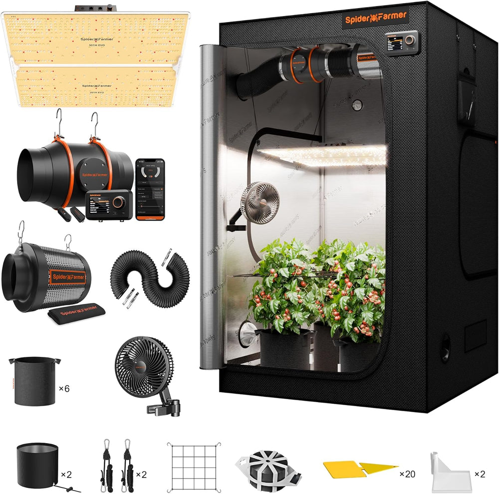 Spider Farmer SF1000 Full Spectrum Stmívatelné LED růstové světlo, Dioda Samsung LM301H EVO, 70x70x160cm sada Full Grow stanu, sada hydroponického pěstebního stanu, ventilační systém