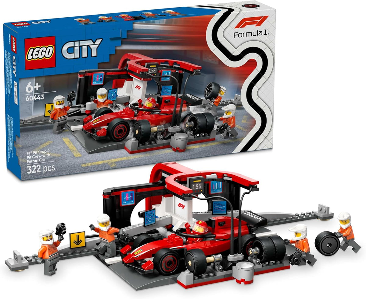LEGO City F1 zastávka v boxech s týmem a Ferrari Speedster - Sada zastávek v boxech Formule 1 s 1 závodním jezdcem a 4 mechanickými minifigurkami - Hračka závodní auto pro kluky a dívky 6+ - 60443 Stavebnice Beuche den LEGO-Store Výchozí název