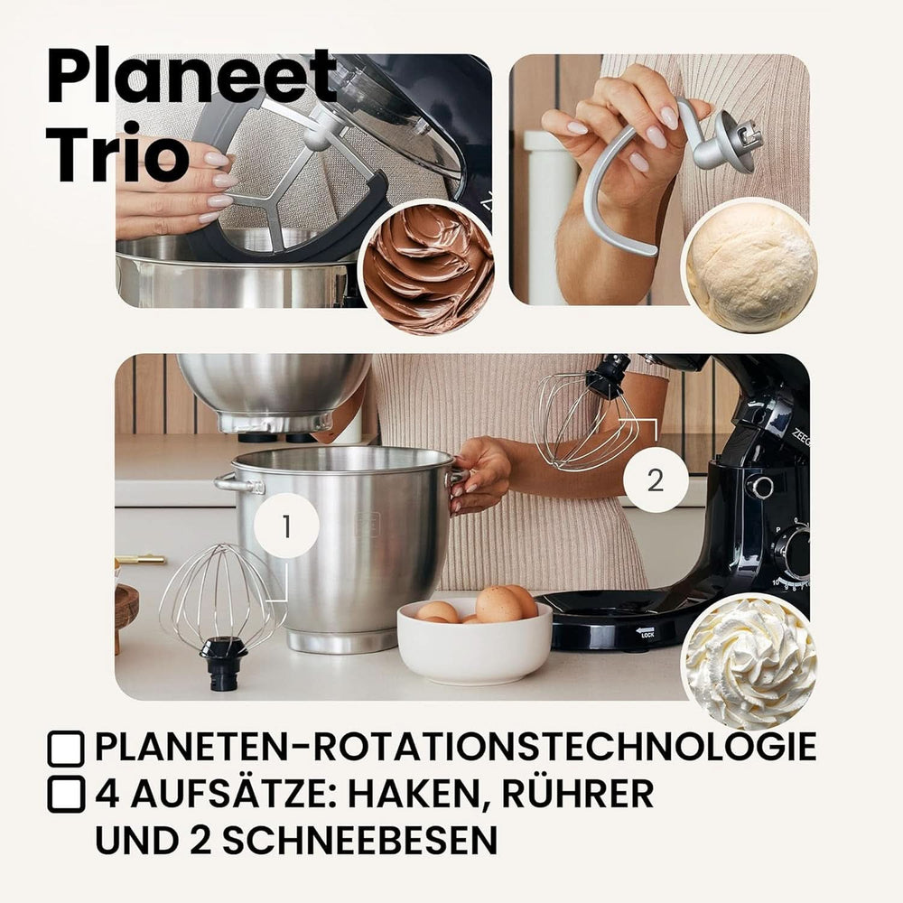 ZEEGMA PLANEET TRIO Planetenroboter, 1500 W, Multifunkční Küchenmaschine Mit 3 Schüsseln 4 L, 4,5 L Und 5,2 L, 10 Betriebsgeschwindigkeiten, Mixer Mit Haken, Schneebesen (Schwarz) Matka a dítě Naty Shop