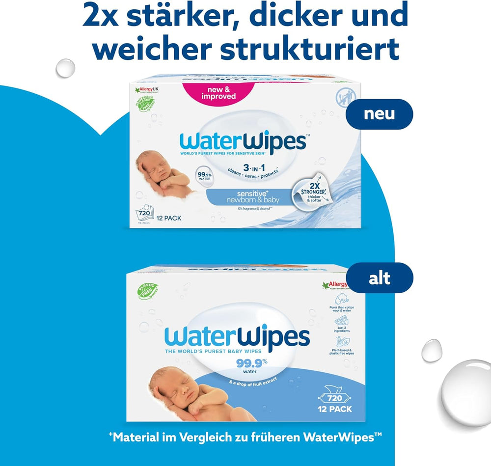 WaterWipes Sensitive+ vlhčené ubrousky pro novorozence a kojence, počet 720 (12 balení), 3 v 1 čištění, péče, ochrana, 99,9 % vody, bez parfemace