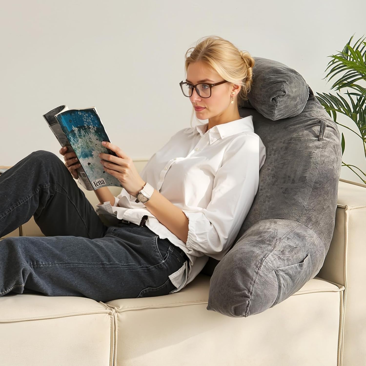 Pernă de citit VEVOR, pernă de pat (mare) cu tetieră detașabilă, pernă pentru spate cu 3 buzunare și material textil lavabil din catifea scurtă și spumă cu memorie mărunțită, lateral cu mâner, pentru vizionarea la televizor, citit, jucat