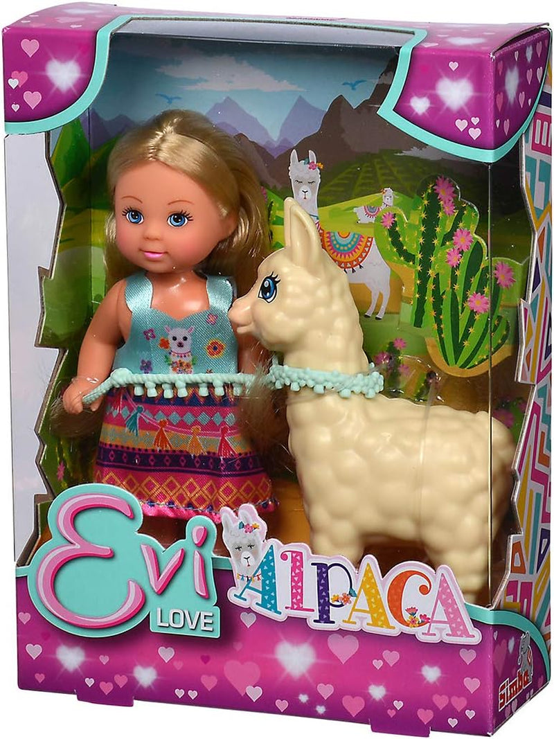 Simba 105733497 - Păpușa Evi Love într-o ținută drăguță cu alpaca și lesă, 12 cm, Pentru copii cu vârsta de 3 ani și peste