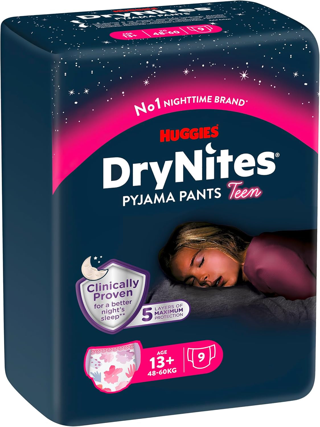Noční noční pomočování Huggies DryNites pro dívky 13-cca 17 let (48-60kg) Počet 27 (3x9) měsíční balení kalhotkových plen