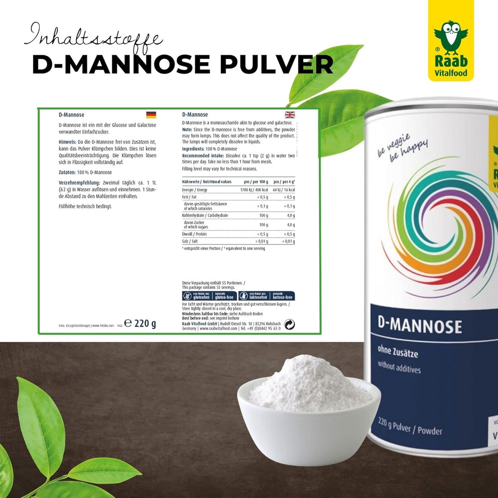 Raab Vitalfood® D-Mannose Powder (220 G) - Frei Von Zusätzen, Vegan, Glutenfrei, Gut Löslich, Mit Meßlöffel in Der Dose, Vorratspackung, 100% D-Mannose (Gewonnen Aus Mais) Sladidla Naty Shop
