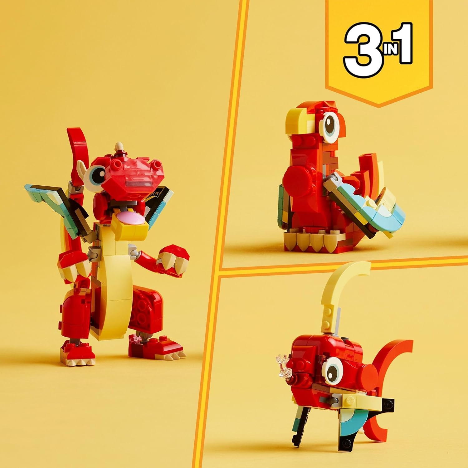 LEGO Creator 3v1 Hračka červeného draka pro rybí figurku k modelu ptáka Fénixe, sada zvířecích figurek, dárky pro chlapce, dívky a děti od 6 let 31145