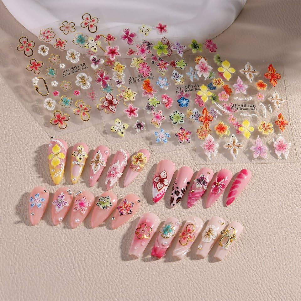 JMEOWIO 3D Nagelsticker Colorful Flower Nail Art Sticker Selbstklebend Nagelaufkleber 5D Stereoskopisch Spring Summer Floral Dekoration Nageldesign Zubehör 4 Blatt
