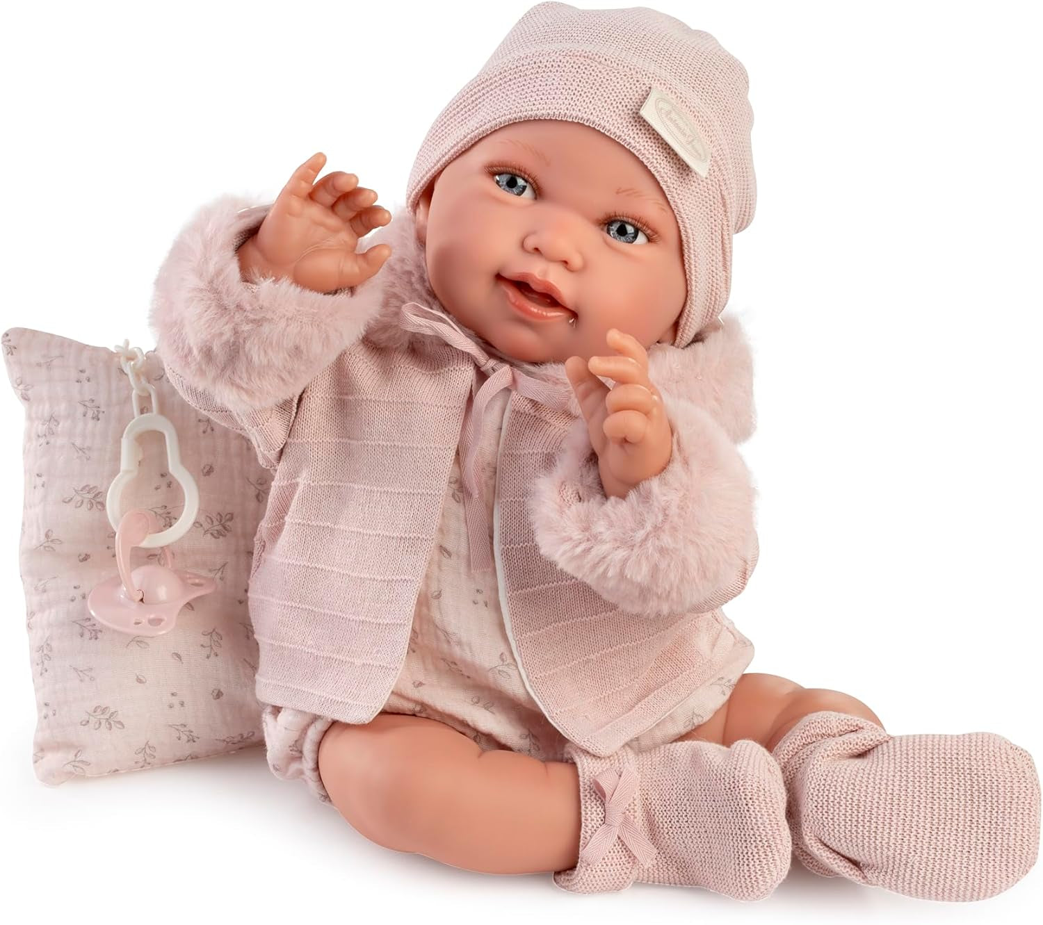 Antonio Juan Puppen für Neugeborne, Winterpfeife, realistické babypuppe, 42 cm, s růžovým oblečením, dudlík a polštář v ceně