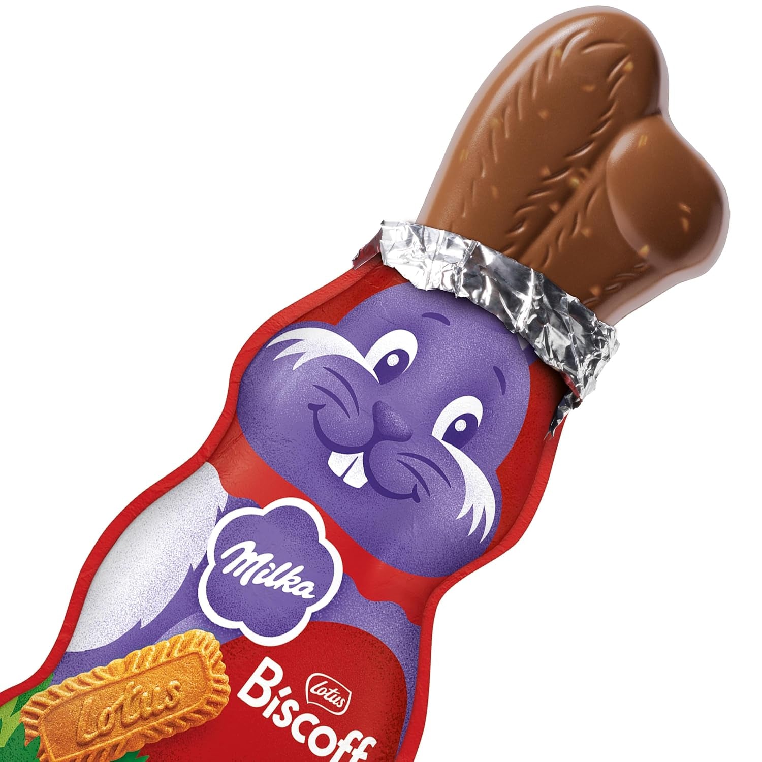 Milka Smiling Bunny Biscoff – jemný velikonoční zajíček s čokoládou a kousky sušenek Lotus Biscoff – 95g