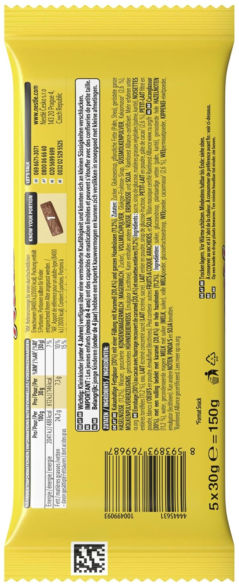 Nestlé NUTS, lískooříškové čokoládové tyčinky s karamelovou náplní, celými lískovými oříšky a lahodným bonbónovým krémem, v mléčné čokoládě, 1 balení (5 x 30 g)