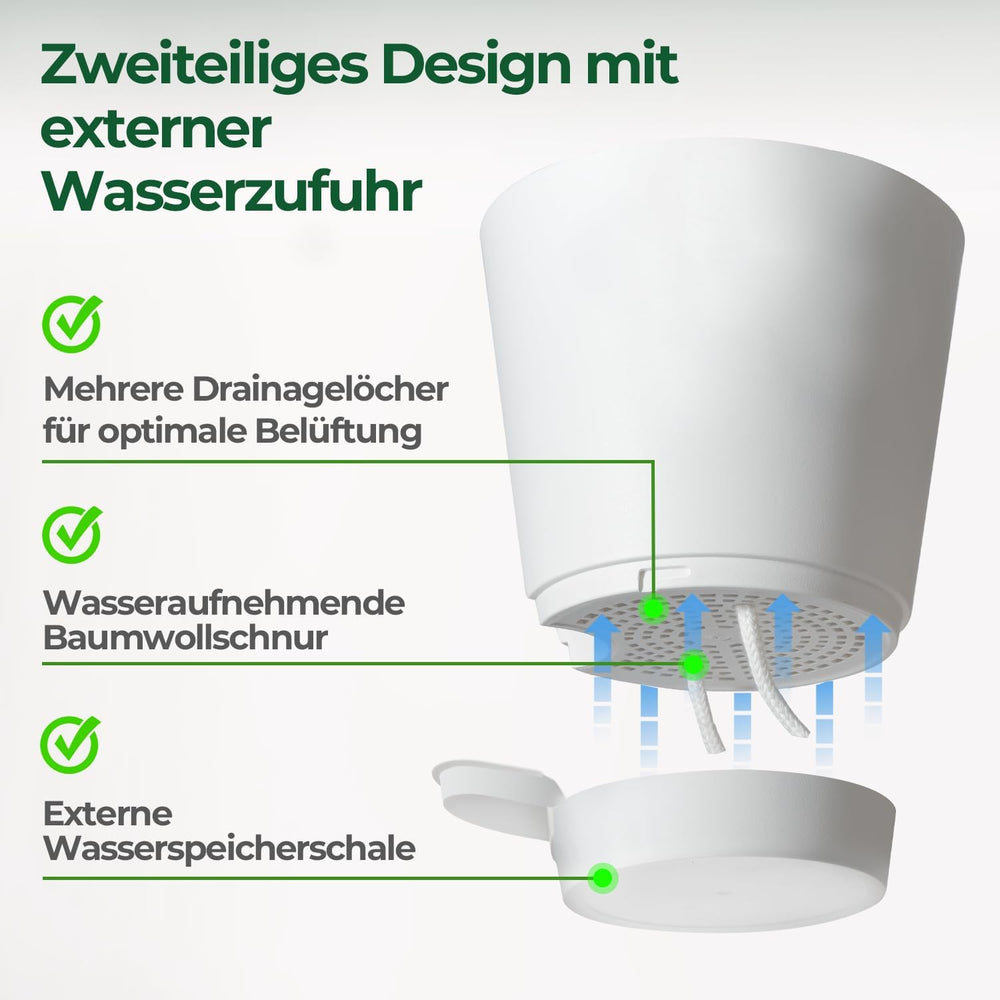 T4U 14cm plastové květináče se zavlažovacím systémem, sada 6 samozavlažovacích květináčů a podšálků, kulaté květináče pro pokojové rostliny na balkónové zahradě, sukulenty, kaktusy, bílá