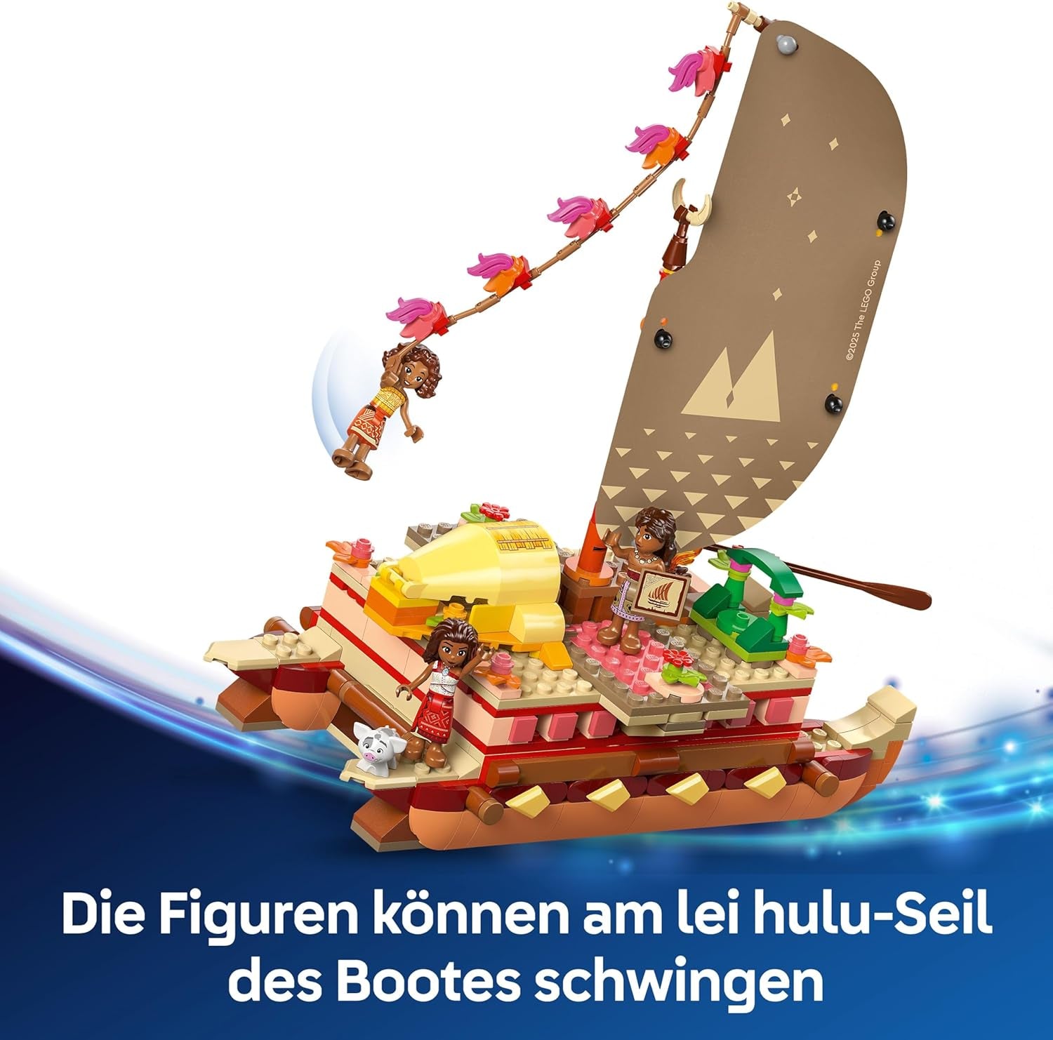 LEGO ǀ Disney Vaiana 2: Vaianas Abenteuerfloß - Botička s textilním pouzdrem, abnehmbarem Deck, Lagerfeuer a 3 minifigurky, vč. Loto und Moni – Geschenk für Mädchen ab 6 Jahren & Fans – 43270