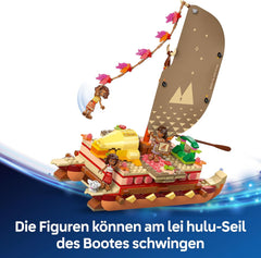 LEGO ǀ Disney Vaiana 2: Vaianas Abenteuerfloß - Botička s textilním pouzdrem, abnehmbarem Deck, Lagerfeuer a 3 minifigurky, vč. Loto und Moni – Geschenk für Mädchen ab 6 Jahren & Fans – 43270