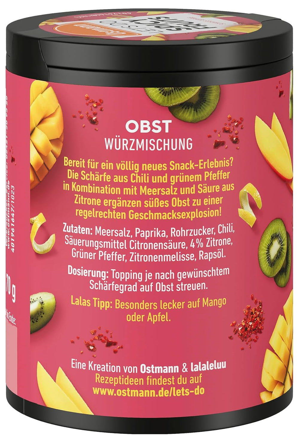 Ostmann Gewürze - Pojďme udělat pikantní ovoce | Würzmischung für süßes Obst vytvořil Lalaleluu | scharfes Obst-Topping s chilli und Pfeffer, lecker auf Apfel nebo Mango | 70 g v Metalldose Recyclebar
