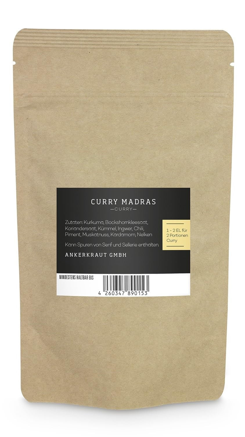 Ankerkraut Curry Madras, frisch-fruchtiges Curry-Pulver passend zu Fleisch, Fisch & Gemüse, s chilli, leicht scharf, 130 g im Aromadichten Beutel