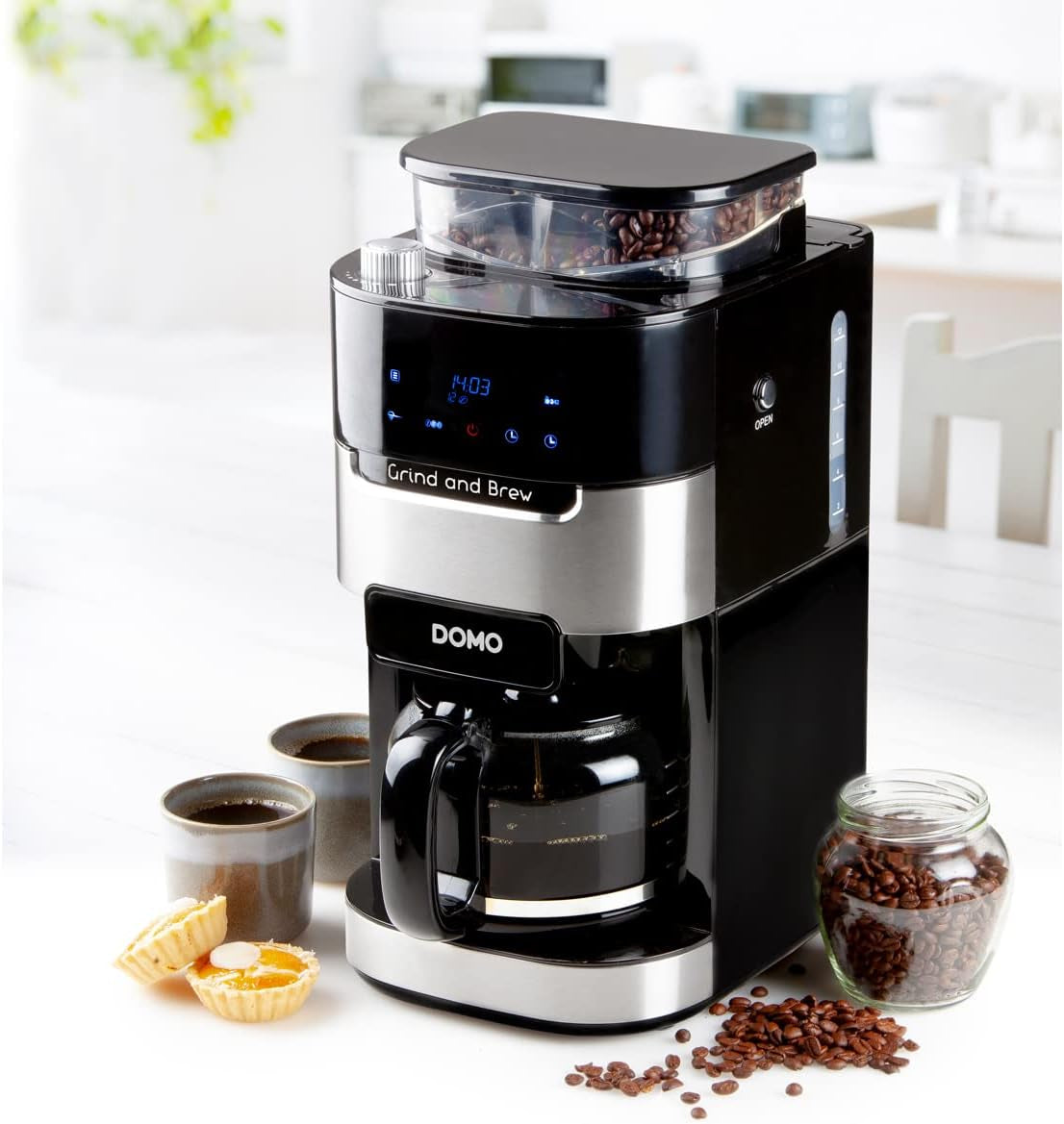 Espressor DOMO DO721K „Grind and Brew” - Funcție Boab-to-Cup - Afișaj LCD - Pentru cafea măcinată sau boabe întregi - 1,5 L