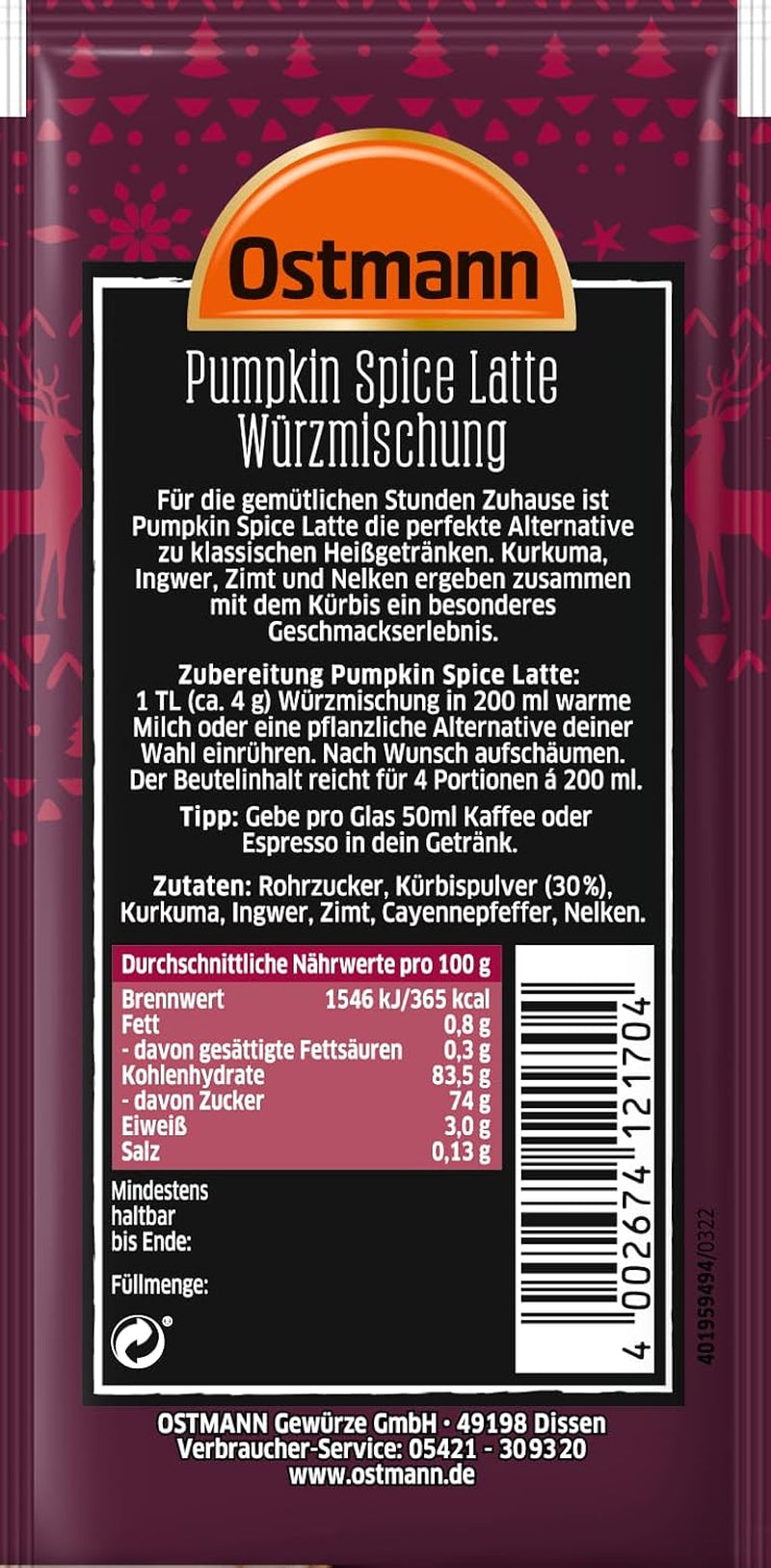 Ostmann Gewürze – Pumpkin Spice Latte Würzmischung, zum Einrühren in Milch mit Kaffee nebo Espresso, mit Kürbispulver, 16 g im Beutel (Verpackungsdesign kann abweichen)