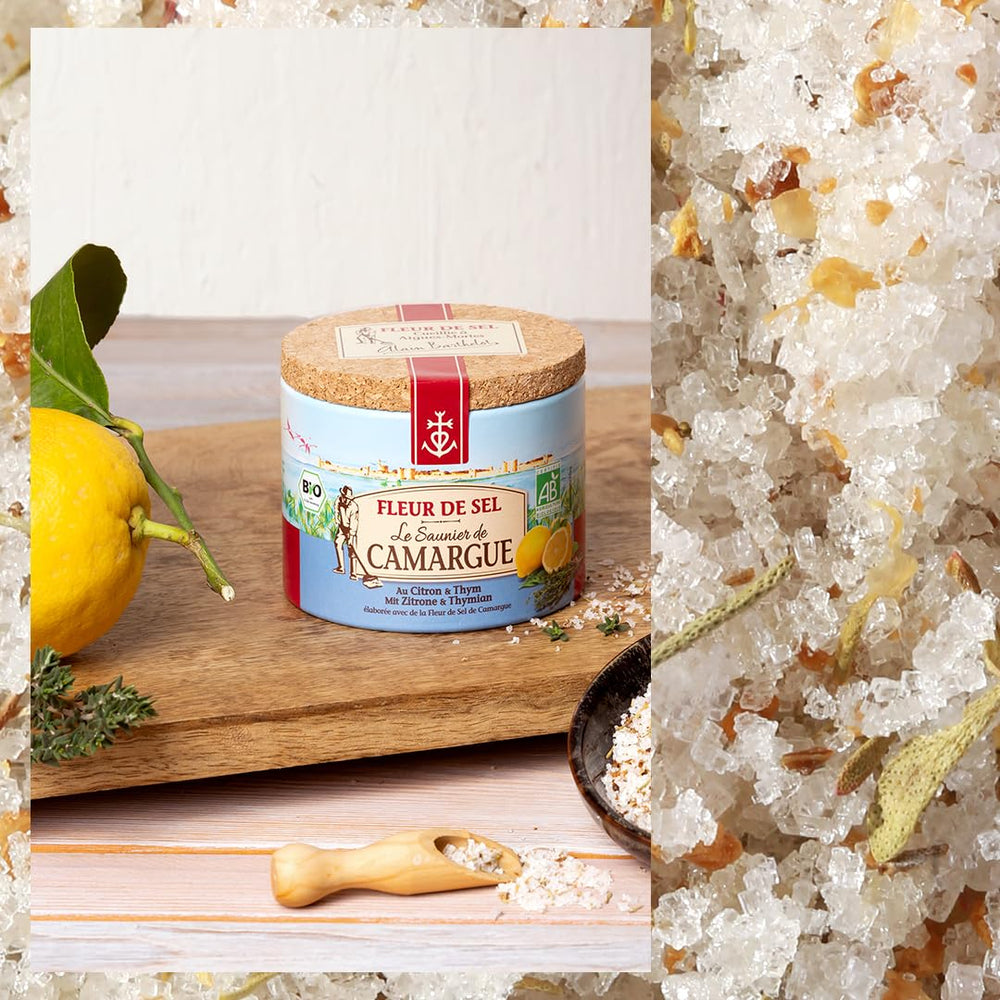 Le Saunier de Camargue Fleur De-Sel Citrone Thymian v dávce 125 g, Premium Meersalz aus Süd-Frankreich, Ideal als Finishing von Speisen und zum Verfeinern von Gerichten