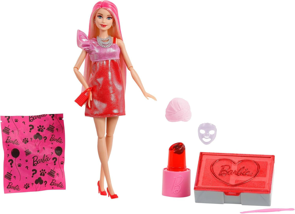 Barbie Party Unboxed Puppe und Accessoires, Glam Party Serie mit 10 Überraschungen, darunter eine rote glitzernde Puppe mit Farbwechseleffekt, JFY68