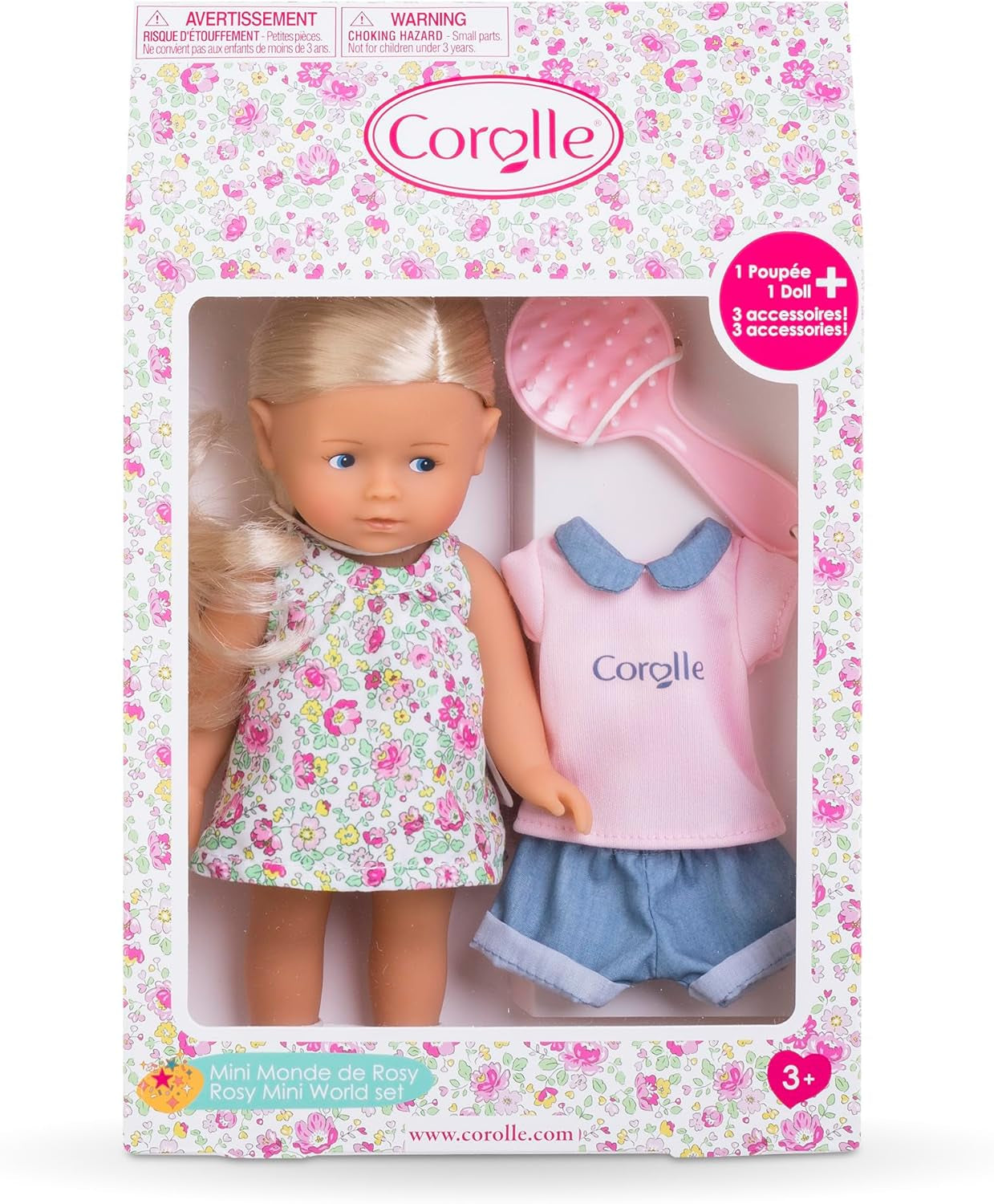 Sada Les Trends Corolline Rosy Miniwelt, Vollvinylpuppe mit langem Haar, Bürste, extra Outfit v Geschenkbox, 4 kusy, Vanilleduft, 20 cm, ab 3 Jahren