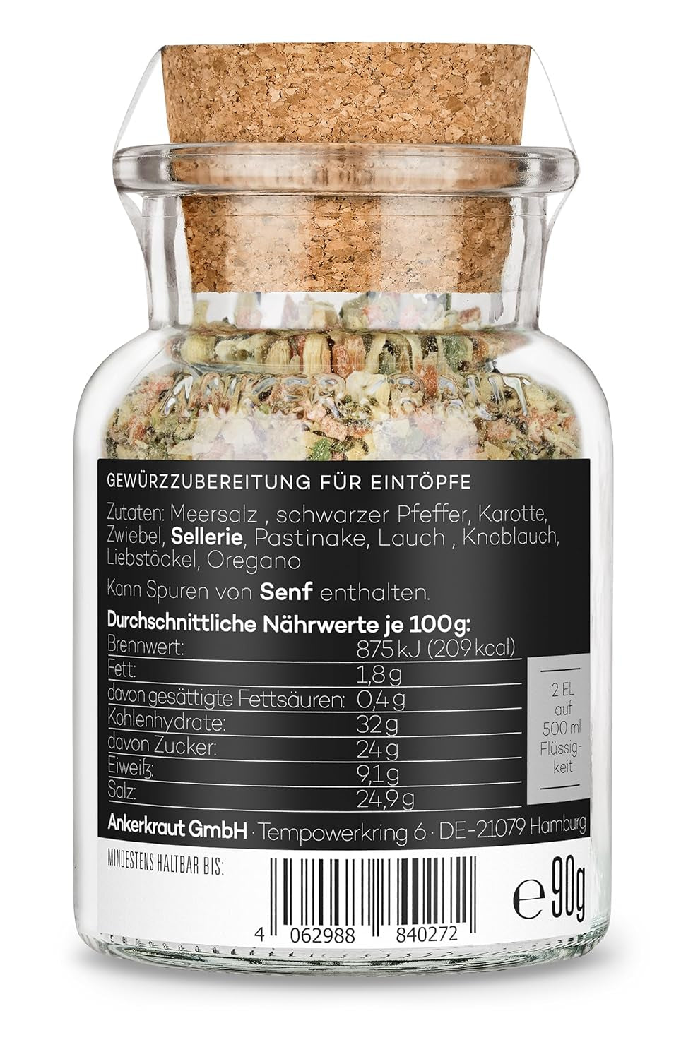 Ankerkraut Eintopf, Linsen, Beans and Gemüse, Gewürz-Mischung, Vielfalt für jeden Gesmack, ohne Gesmackverstärker, lecker schmecker, 90 g v korkovém skle