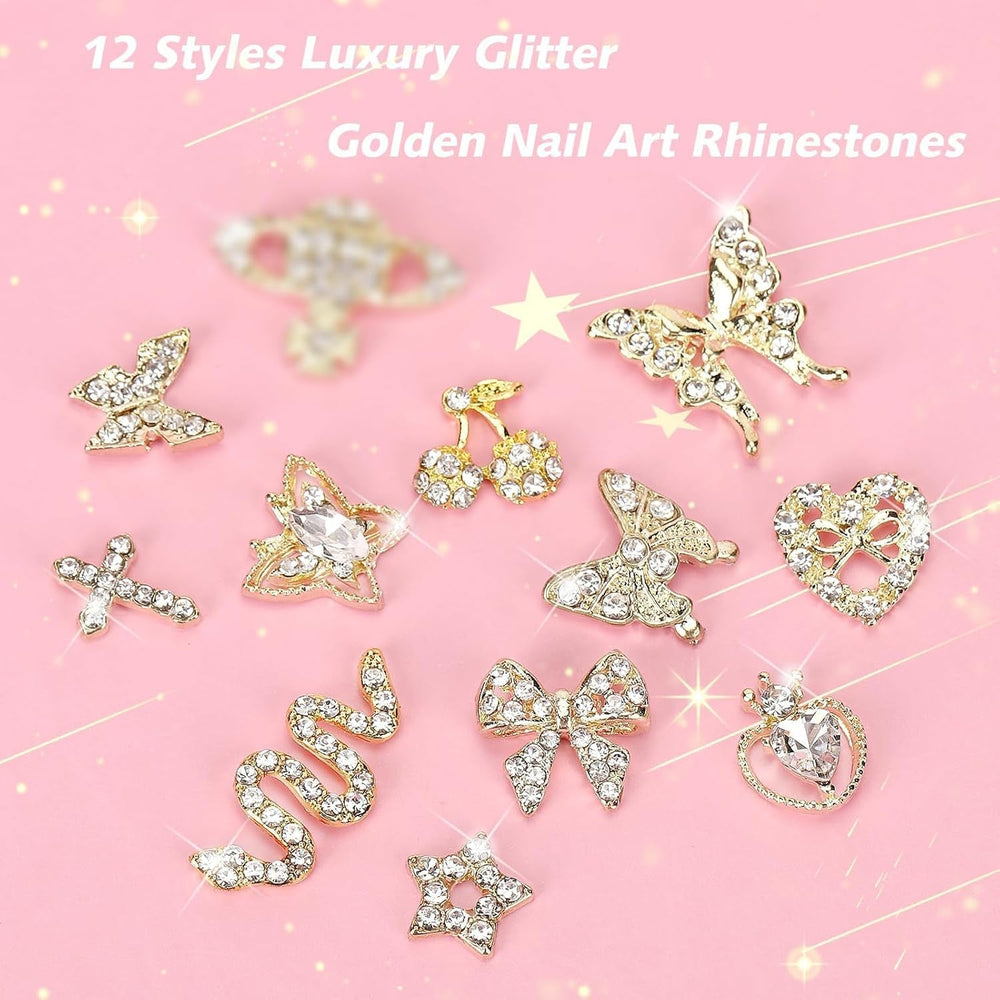 24 Stück Nagel-Charms, Y2K-Legierung, Nail Art, Strass-Charms, 3D-Herz, Schleife, Schmetterling, Charm Mit Strasssteinen, Kirsch-Nagel-Edelsteinen, Glänzender Schmuck