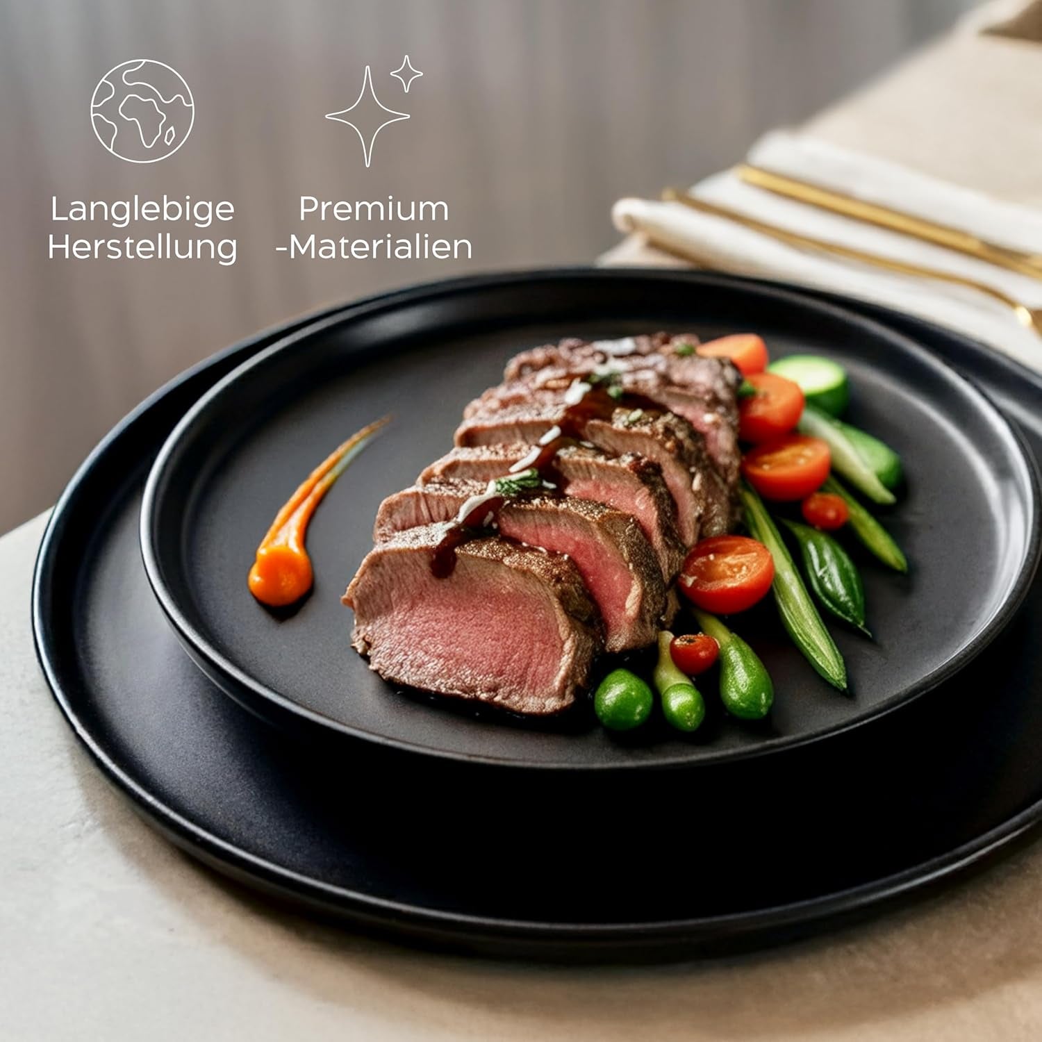 Set de farfurii din gresie pentru 6 persoane - set de 6 piese negru mat, farfurii mari, potrivite pentru cuptorul cu microunde, design elegant - Colecția Twinzee Ebony