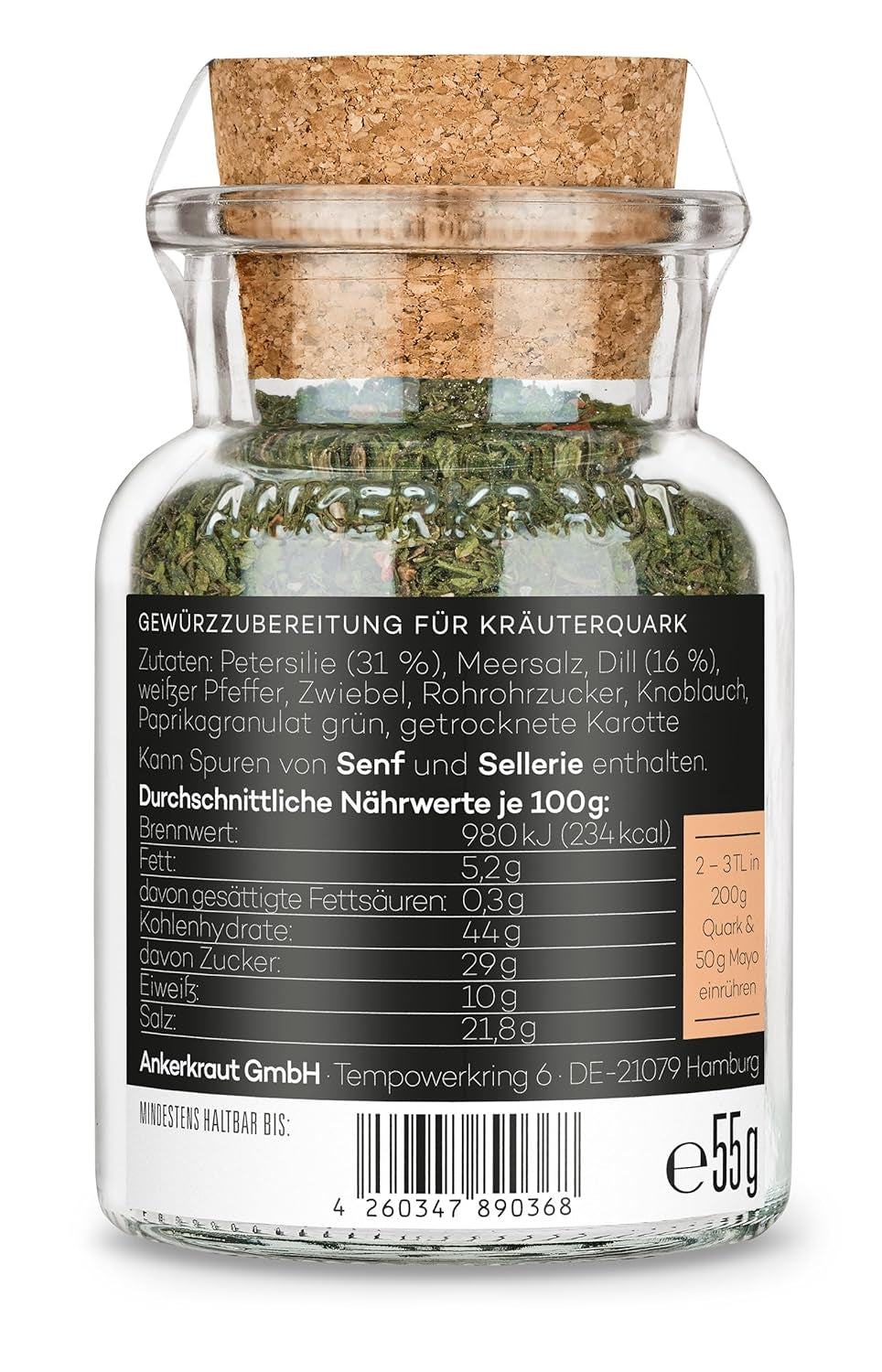 Ankerkraut Kräuterquark Dip, Gewürzmischung für Quark, Ohne Geschmackverstärker, Premium Qualität, Alternative Joghurt und Soja-Quark, Aufstrich selber machen, 55 g v korkovém skle