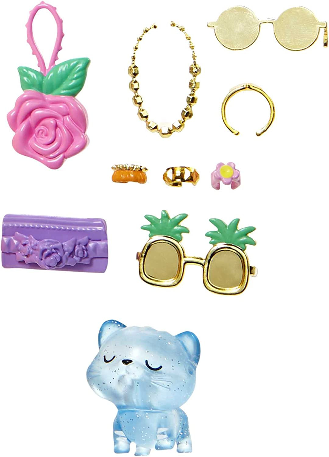 Barbie Extra Fancy, Curvy Păr lung blond cu căpșuni, costum din două piese, pisică albastră, geantă roz, ochelari de soare cu ananas, inclusiv păpușă, potrivit ca cadou, Hhn14 Papusi Naty Shop