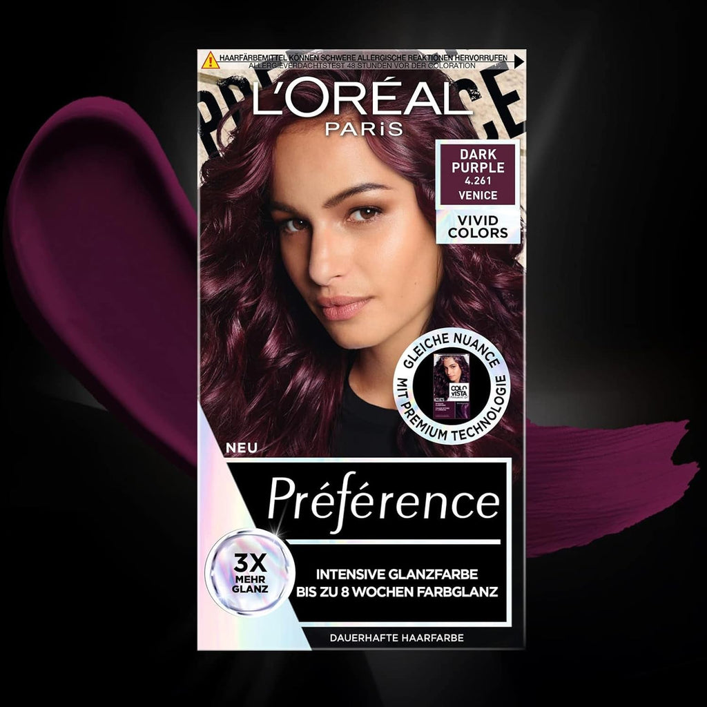 L'Oréal Paris Intensive permanent hair color, Până la 8 săptămâni de păr strălucitor și culoare intensă, Préférence Vivid Colors, Culoare: 4.261 DARK PURPLE, 1 buc (pachet de 2) Vopsea pentru par Naty Shop