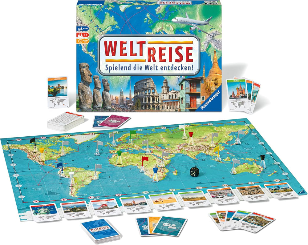 Ravensburger Family Game 26888 – World Tour – Klasika pro rodiny od 8 let – Party hra, cestování po světě, desková hra až pro 6 hráčů – 170+ měst