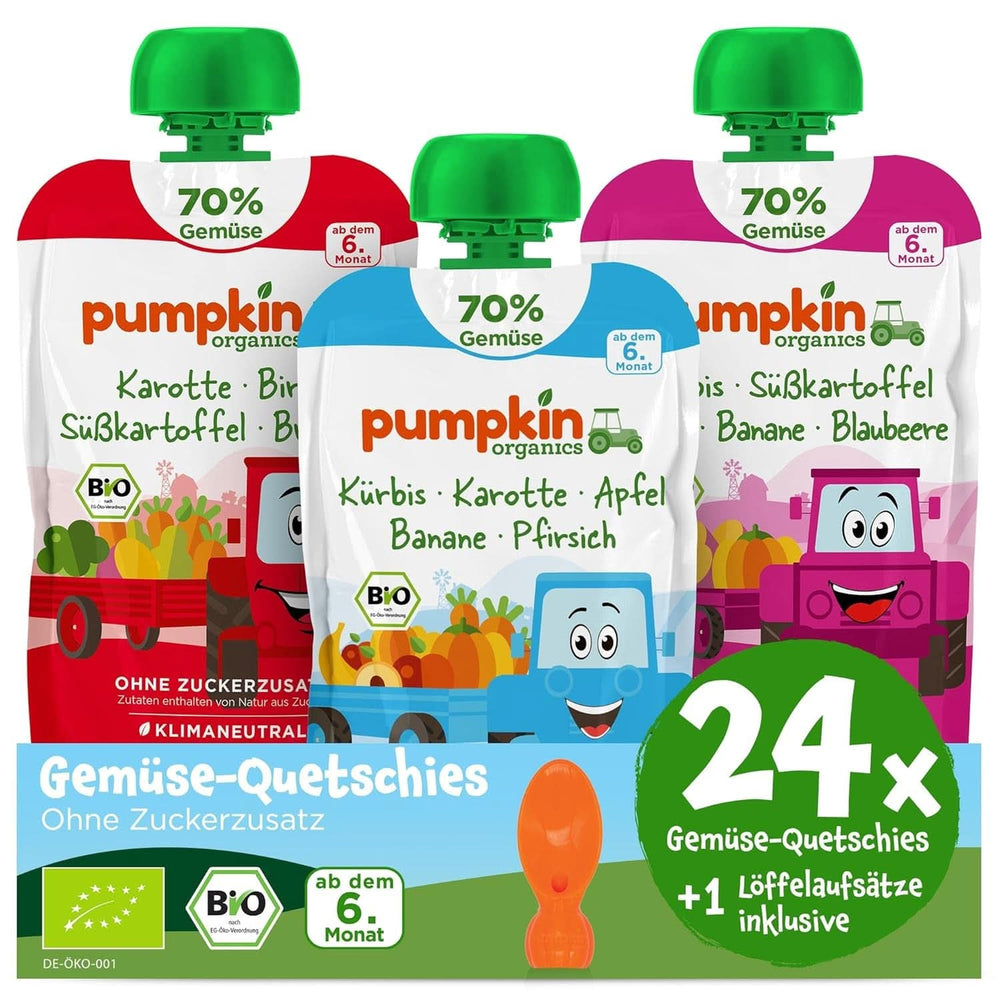 Pumpkin Organics 24Pack, bio zeleninové pyré, bez přidaného cukru, pro miminka od 6 měsíců, 24 x 100 gramů Mother and Child Naty Shop 24 x 100 gramů