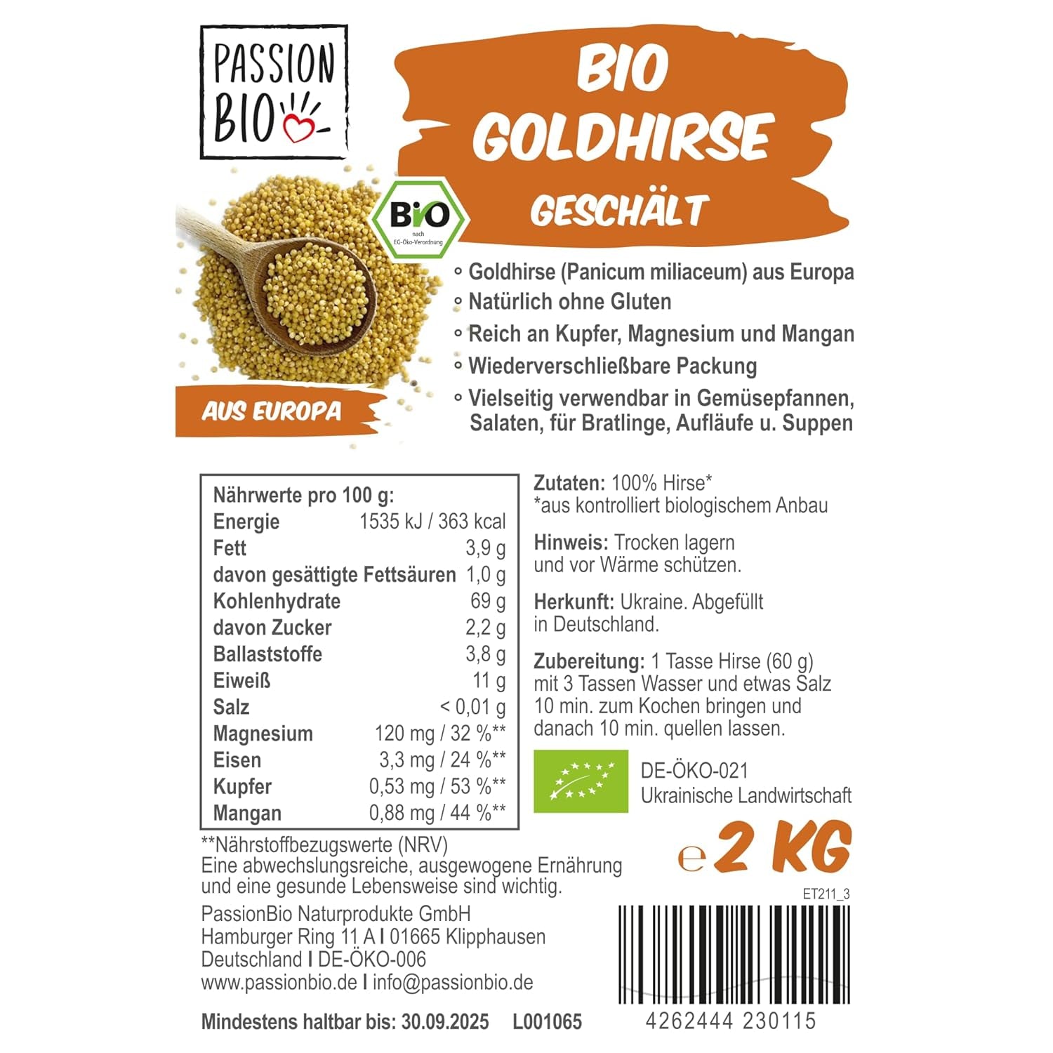PassionBio bio zlaté proso 2 KG - uzavíratelné balení